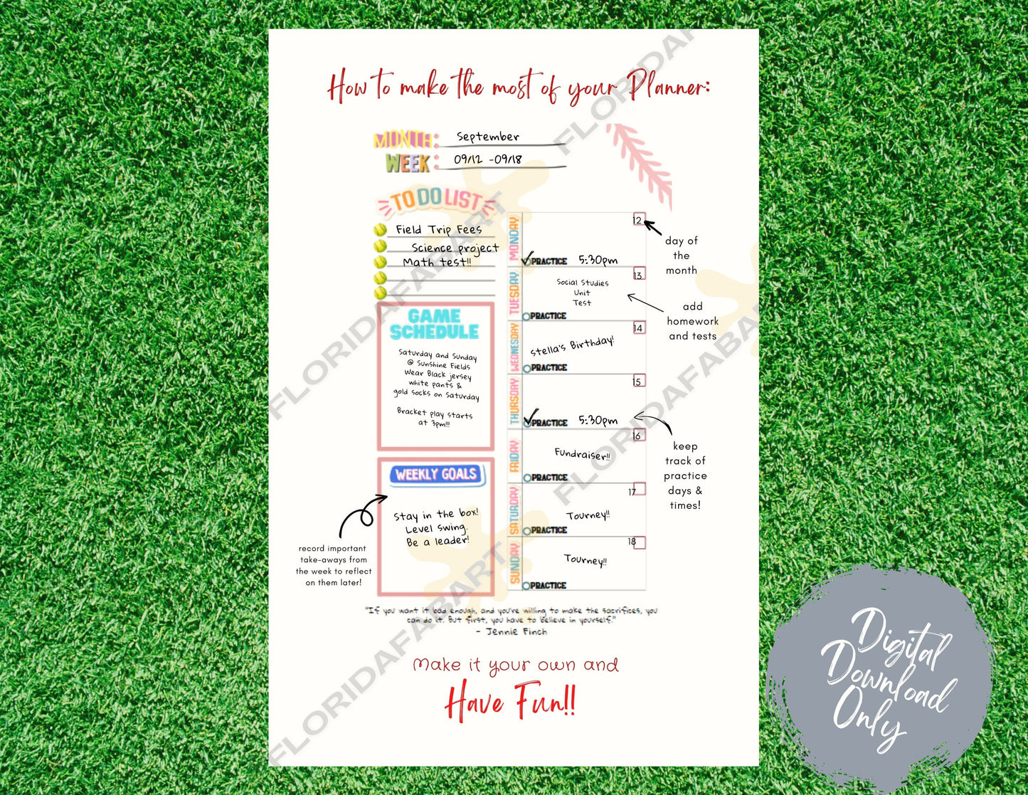 Softball Weekly Planner for players Player Journal | Softball diary |Travel Ball Player Organizer | Printable Instant download