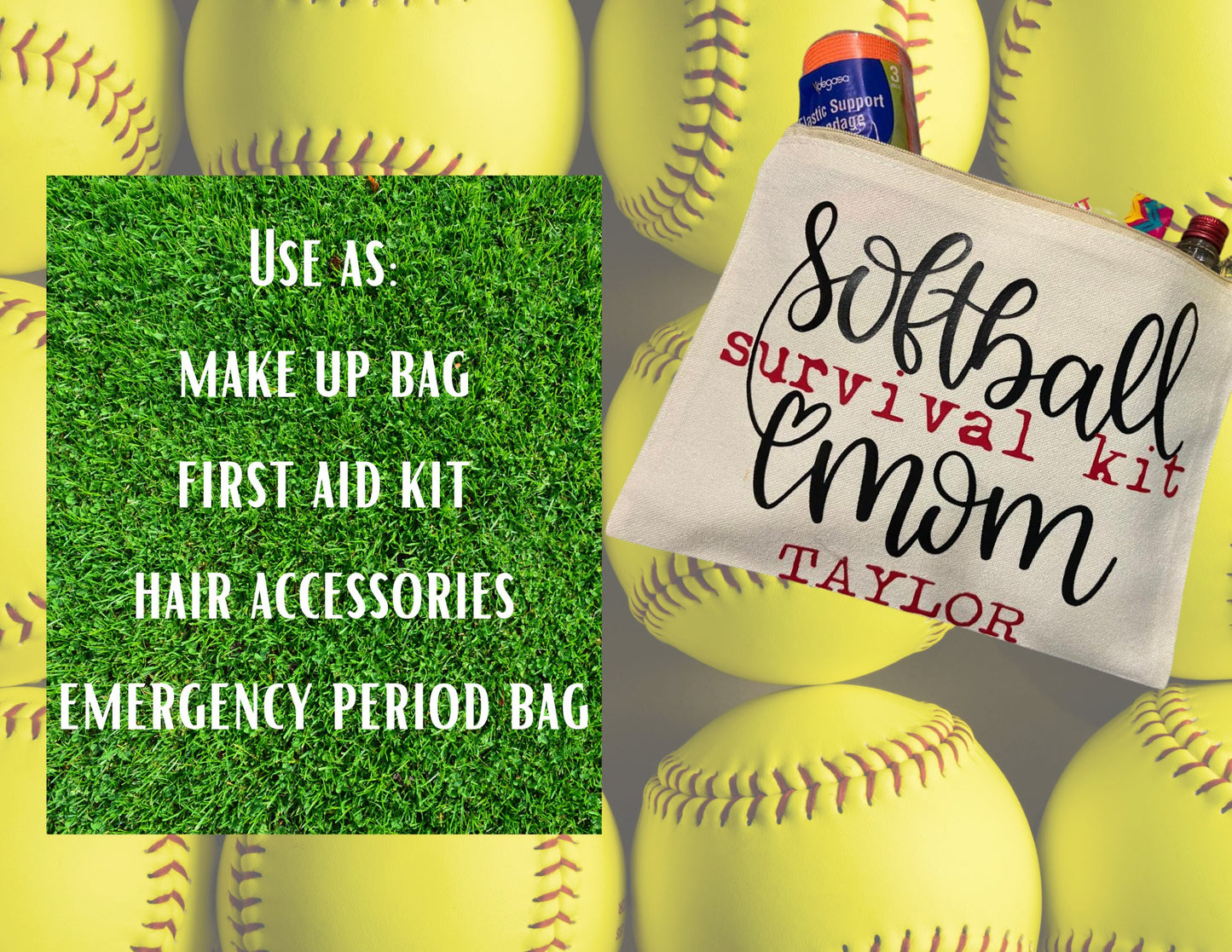 Makeup Softball bag | Custom bag| Softball Travel bag | Softball Mom Survival Kit | Canvas make up bag | Softball toiletry bag