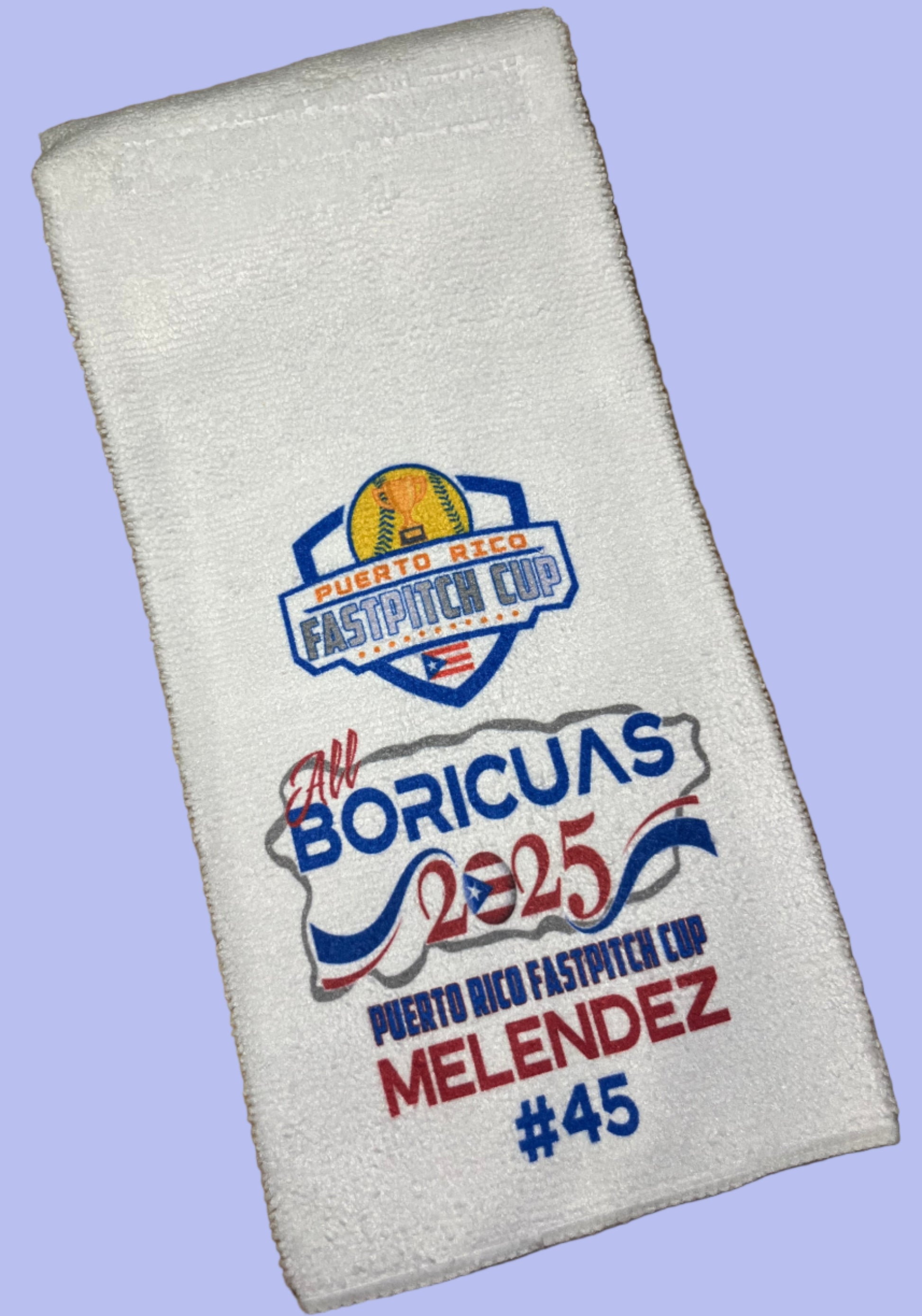 White towel with sublimated text and logos